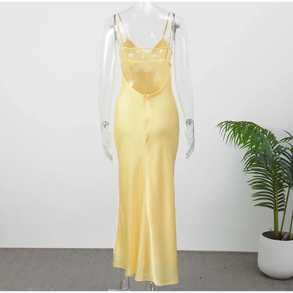 Yellow Satin Sling Dress Women Elegant V Neck Sleeveless Backless High Waist Maxi Dresses 2025 Summer Lady Party Evening Robes