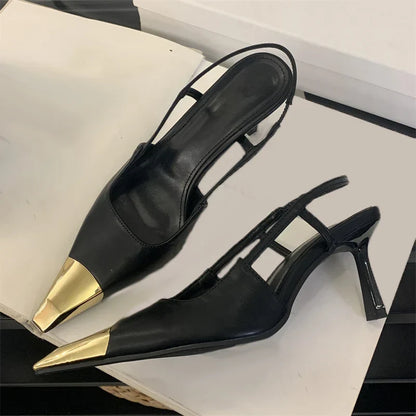 Street Style Sexy Pointed Toe Slingbacks Pumps Women Stripper Sandals High Heels Female Banquet Shoes Brown Kitten Heels