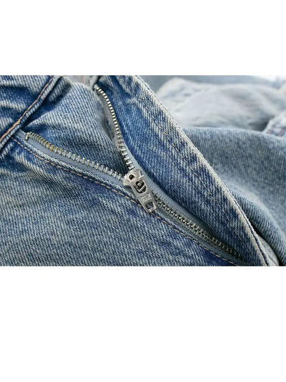 2024 Women's Street Fashion Denim Blue Jeans Distressed Patchwork High Waist Zipper Fly Ripped Retro Long Pants