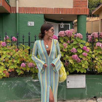 Crochet Colorful Stripe Maxi Dress Women Flare Sleeve Deep V-neck Split Sexy Long Dresses Spring Autumn Beach Banquet Vestidos