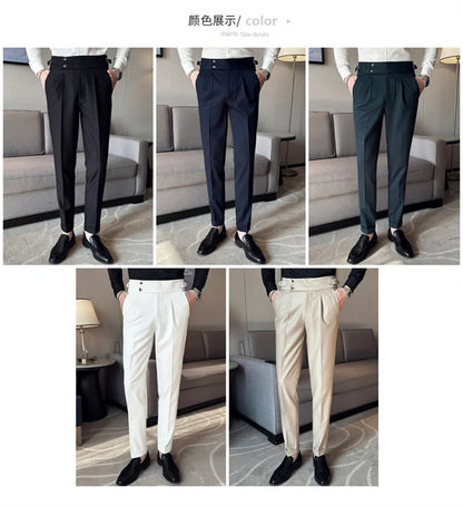 Pure Color Male Business Wedding Dress Pants Fashion Unique Design Men Waist Adjustable Suit Pant No Belt Slim Trousers Homme