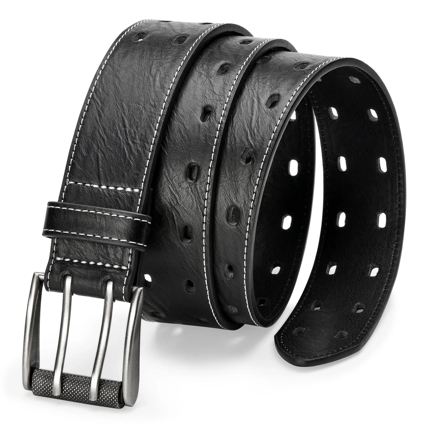 Men Classic Double Prong Belt Fashion Casual Heavy Duty Work Faux Leather Belts For Jeans Pants
