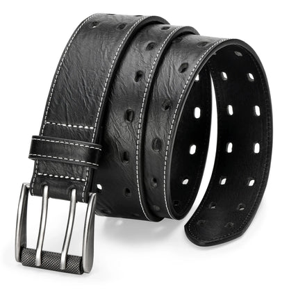 Men Classic Double Prong Belt Fashion Casual Heavy Duty Work Faux Leather Belts For Jeans Pants
