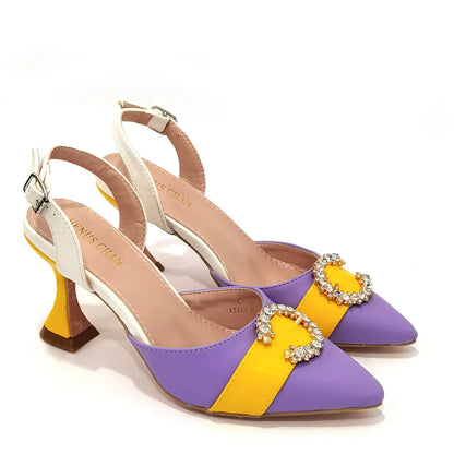 2022 Italian Design Leather Colorblock Pointed Toe High Heel Women's Sandals Fashion Everyday Matching Shoes and Bag Sets