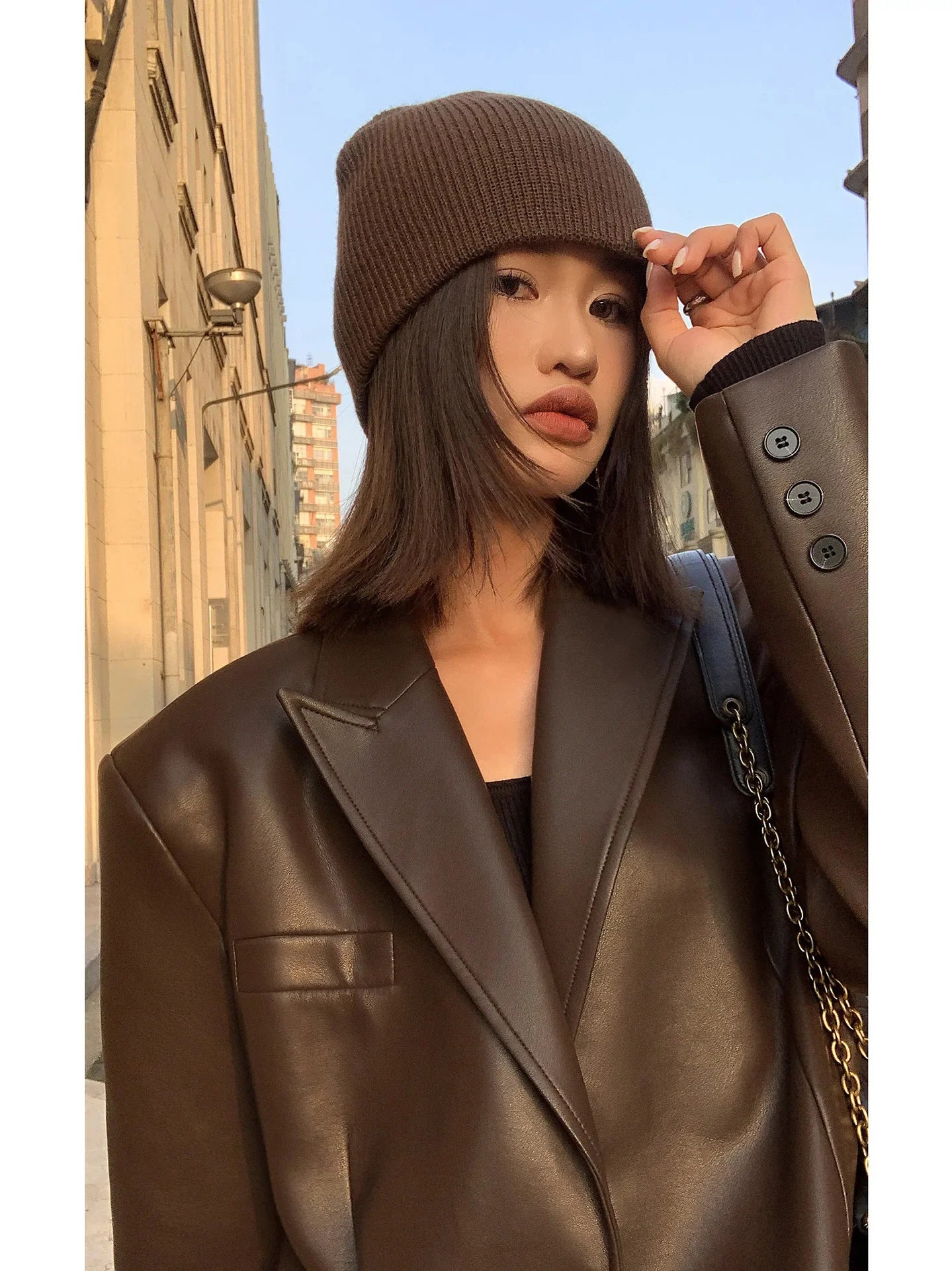 Vintage Black High Quality Leather Loose Blazer Biker Coat Women Casual Long Sleeve Flap Pocket Suit Jacket Oversized Streetwear