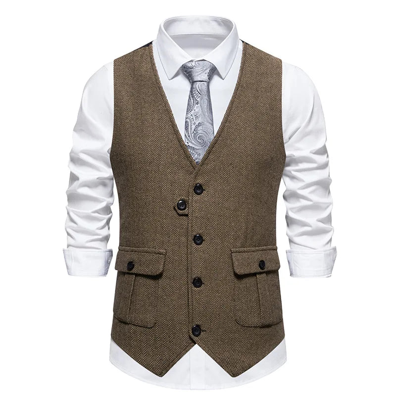 Men's Herringbone Vest Spring/summer V-neck Single Breasted Patchwork Waistcoat Slim Fit Mens Casual Suit Vest Best Dress