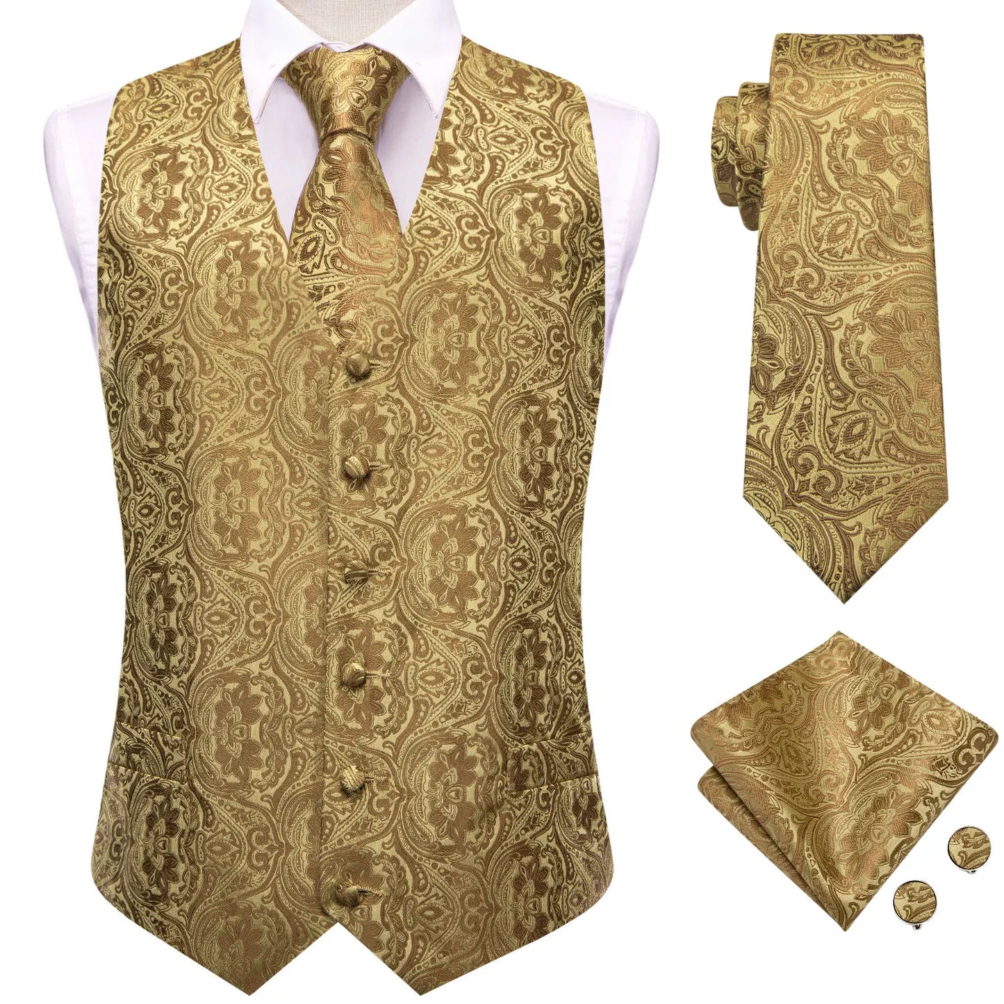 Vest for Men Gold Suit Vest Floral Waistcoat Summer Vest Tuxedo Paisley Tie Set Cufflinks for Wedding Business Hi-Tie WJ-0008