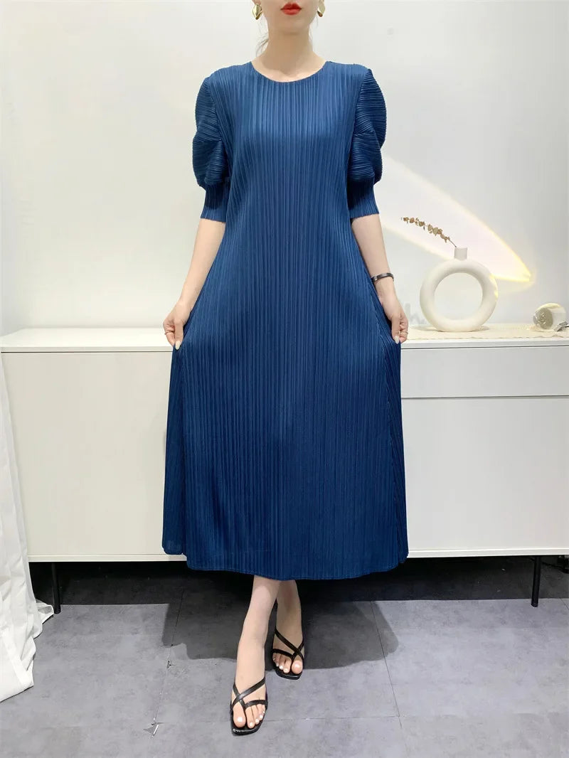 Miyake Pleated Dress 2024 Summer New Round Neck Loose and Comfortable A-line Short Sleeve Maix Dress