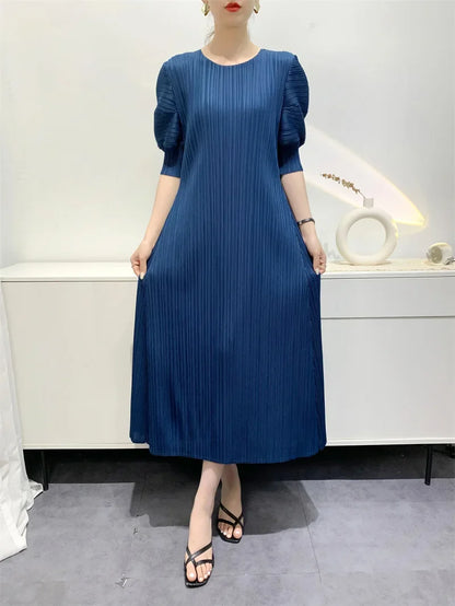 Miyake Pleated Dress 2024 Summer New Round Neck Loose and Comfortable A-line Short Sleeve Maix Dress