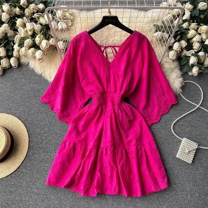 White/Purple/Blue V Neck Summer New Lace Embroidery Dress Women Short Sleeves Dresses Female Vintage Party Beach Midi Dresses