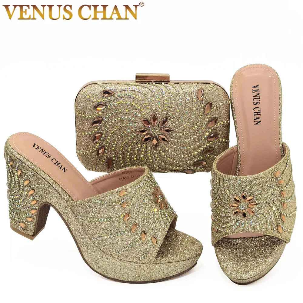 Women's Shoes High Heels Sexy Ladies Party Wedding Pattern Embroidery Mules Shoes and Bags Set for Italian 2023