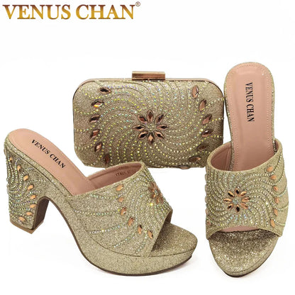 Women's Shoes High Heels Sexy Ladies Party Wedding Pattern Embroidery Mules Shoes and Bags Set for Italian 2023