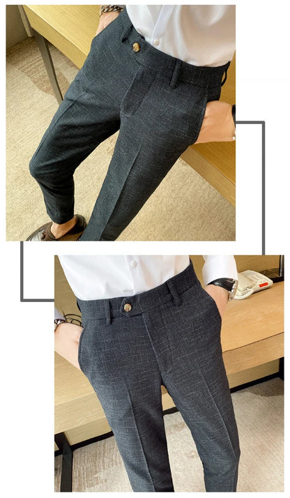 Boutique Classic Plaid and Striped Fashion Men's Casual Business Slim Suit Pants Groom Wedding Dress Trousers Party