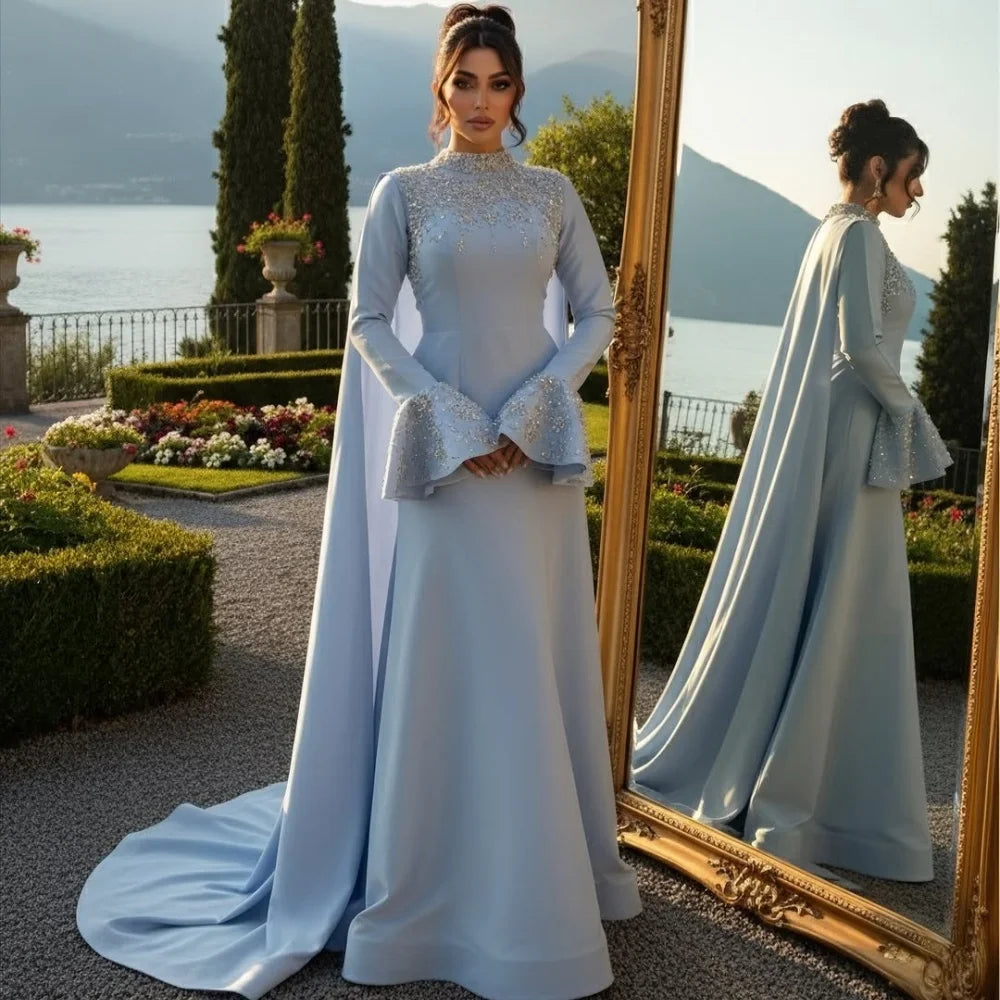Customized Formal Evening Dresses Elegant Fashion Jersey Crystal Ruched A-line Prom Dresses High Collar Long Sleeves Party Dress
