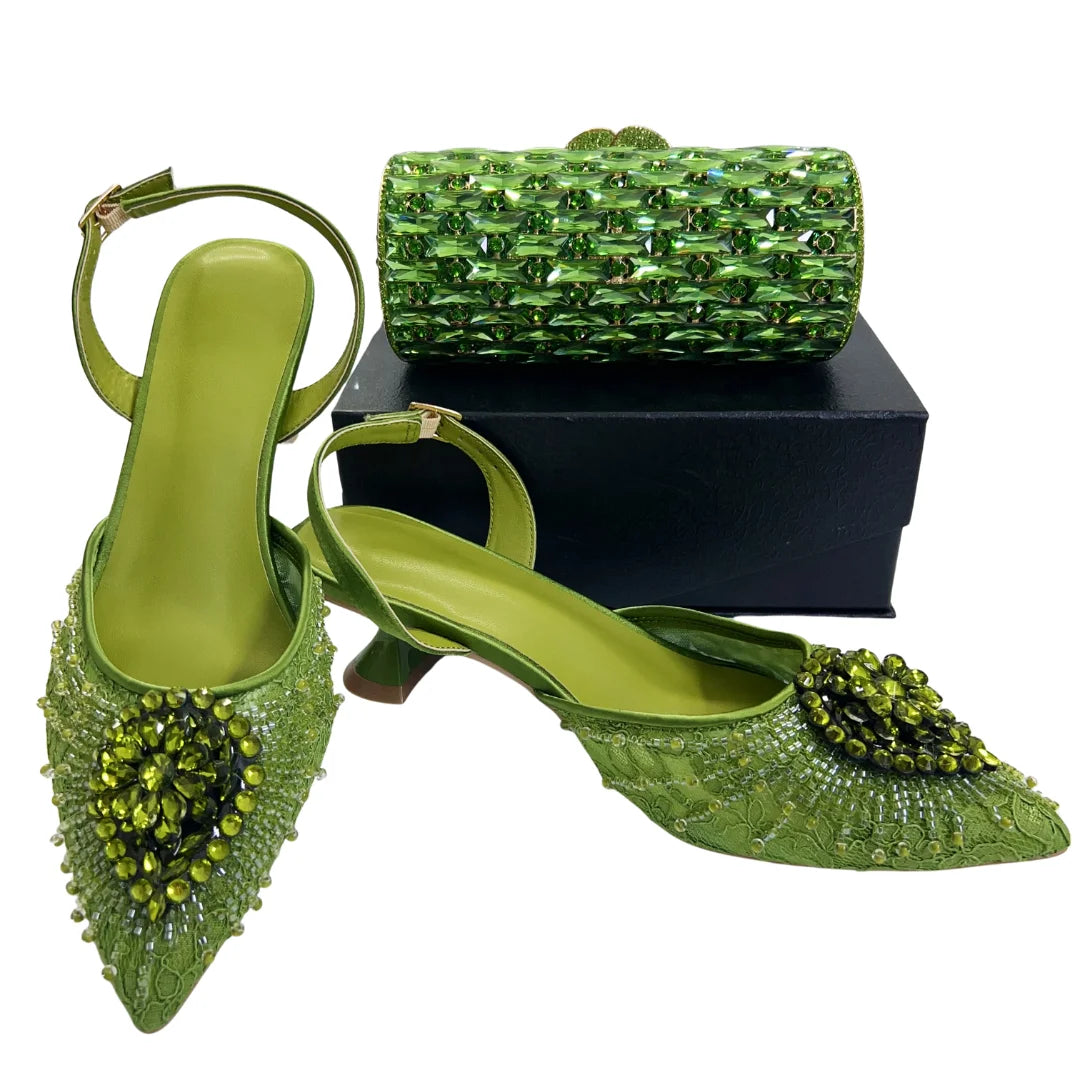 Italian Designer Evening Shoes With Clutch Bag Set for African Wedding and Bridal Occasions Lace Embroidered Beads Women's Shoes