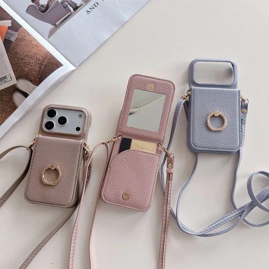 Crossbody Lanyard with Ring Card Holder Make up Mirror Wallet Phone Case for IPhone 17 Air 16E 15 14 Plus 13 12 11 Pro Max Cover