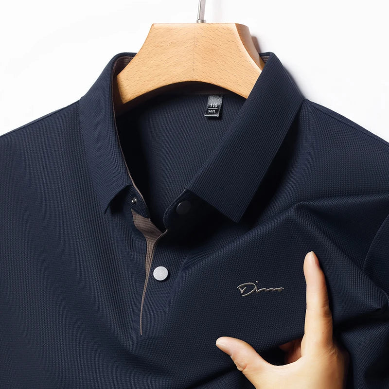 Summer seamless ice silk short sleeved T-shirt, polo shirt, flip collar, casual elastic top, breathable thin half sleeve