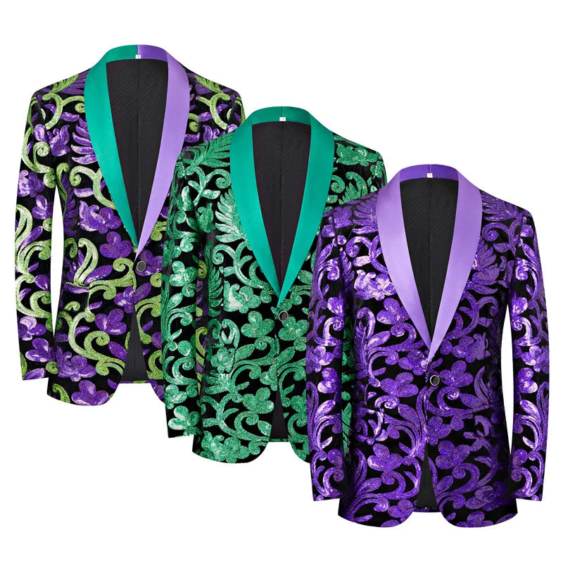 2024 New Flat Velvet Large Flower Sequin Jacquard Mens Blazer, Purple  Stage Performance Suit Dress, Host Fashion Show Jacket