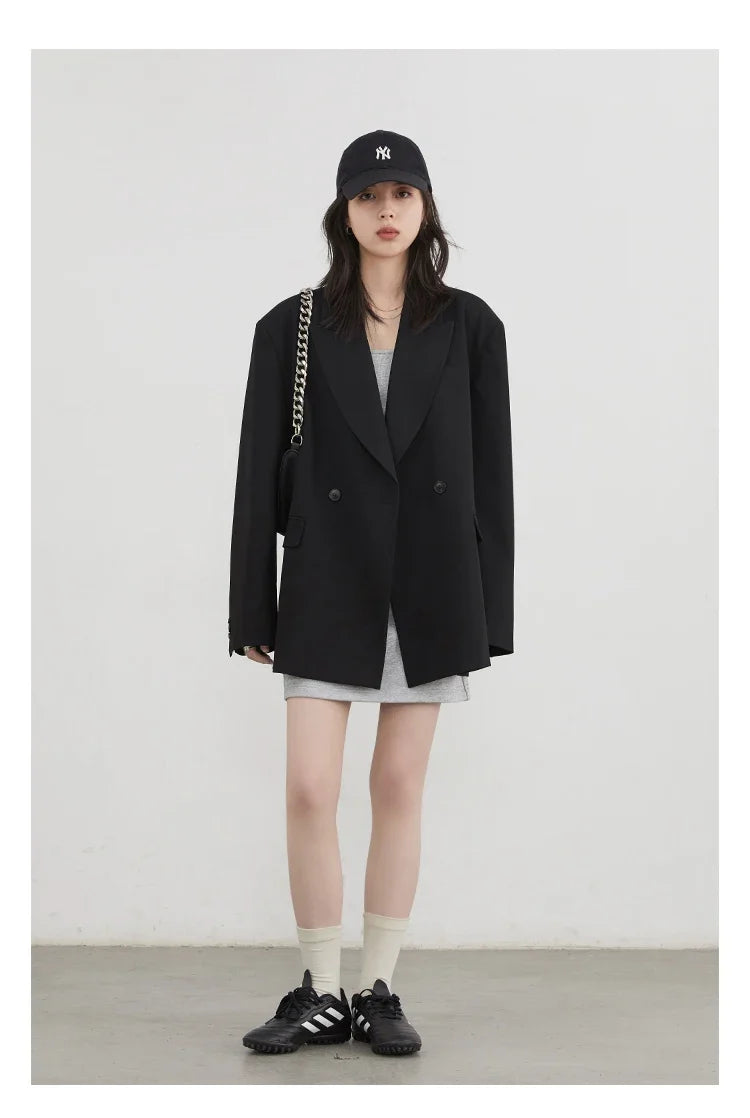 Women Blazers Solid Loose Double-breasted Wide Shoulder Office Ladies Suit Jacket Oversized Coat Spring Autumn 2026