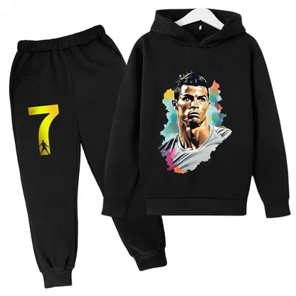 Sweatshirt Pants 2-piece Set for Boy and Girl Kid Sports Hoodie Set Ronaldo Avatar Printed Children Clothes Baby Set Sportsuit