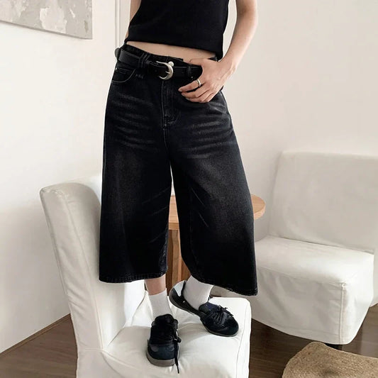 Y2K Women Vintage Streetwear Breeches Korean Harajuku Denim Wide Leg Trouser Short Pants Jorts Bermudas Jeans Shorts Alt Clothes