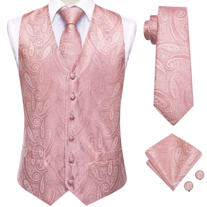 Wedding Coral Pink Mens Vest Silk Tie Set Adjustable Jacquard Waistcoat Jacket Necktie Hanky Cufflinks Formal Party Gifts