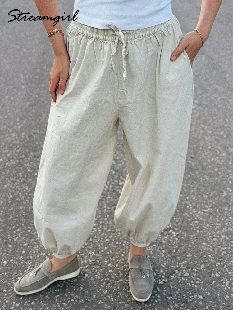 Summer Cotton Oversized Pants For Women Blue Baggy Aladdin Trousers Elastic Bloomers Navy Blue Cropped Lantern Harem Pants Woman