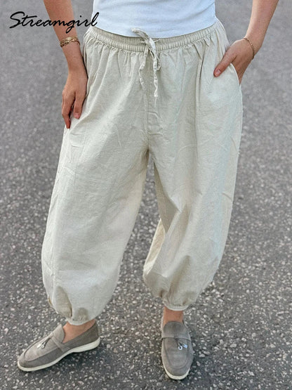 Summer Cotton Oversized Pants For Women Blue Baggy Aladdin Trousers Elastic Bloomers Navy Blue Cropped Lantern Harem Pants Woman