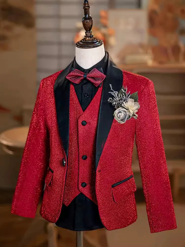Children Luxurious Sequins Singer Host Photography Suit Boys Jacket Vest Pants 3PCS Performance Costume Kids Piano Wedding Dress