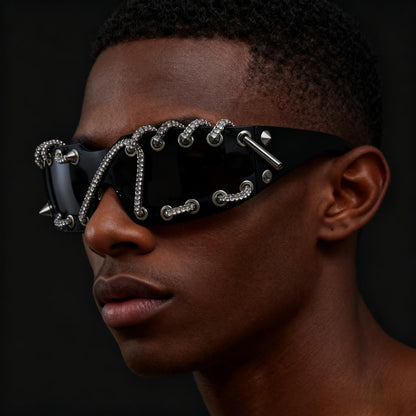 Punk Y2k sunglasses women Frameless  Sunglasses Crystal Chain One-piece Party Shades Bling Streetwear Luxury Accessories