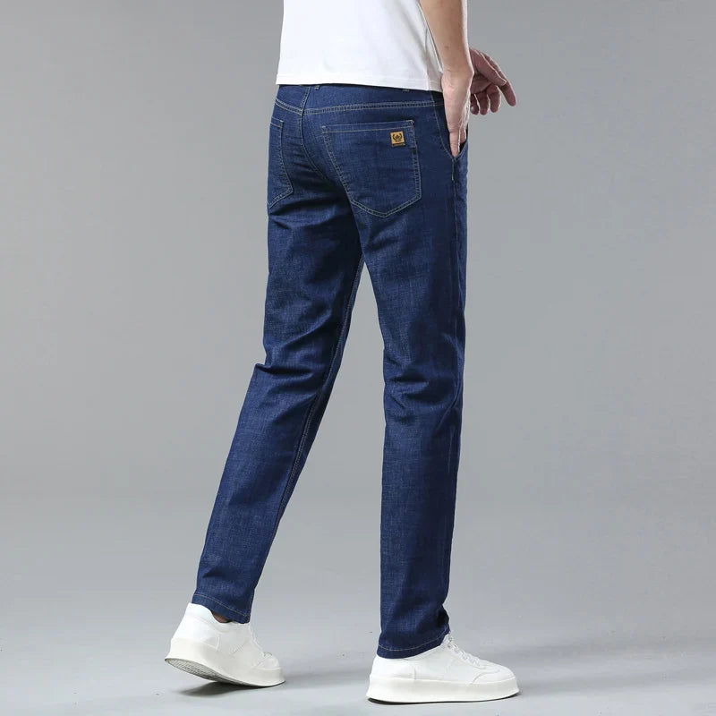 Light Blue Classic Business Casual Cotton Pants Fashion Breathable Denim Elastic Trousers Brand Men's Clothing Straight Jeans