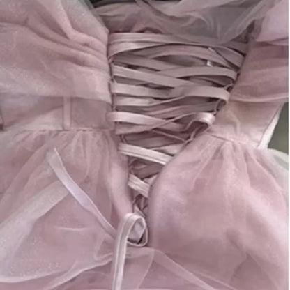 Customized Pink Shiny Tulle Prom Dresses Off Shoulder Long Puff Sleeve Evening Party Gowns Slit Women Wedding Dress