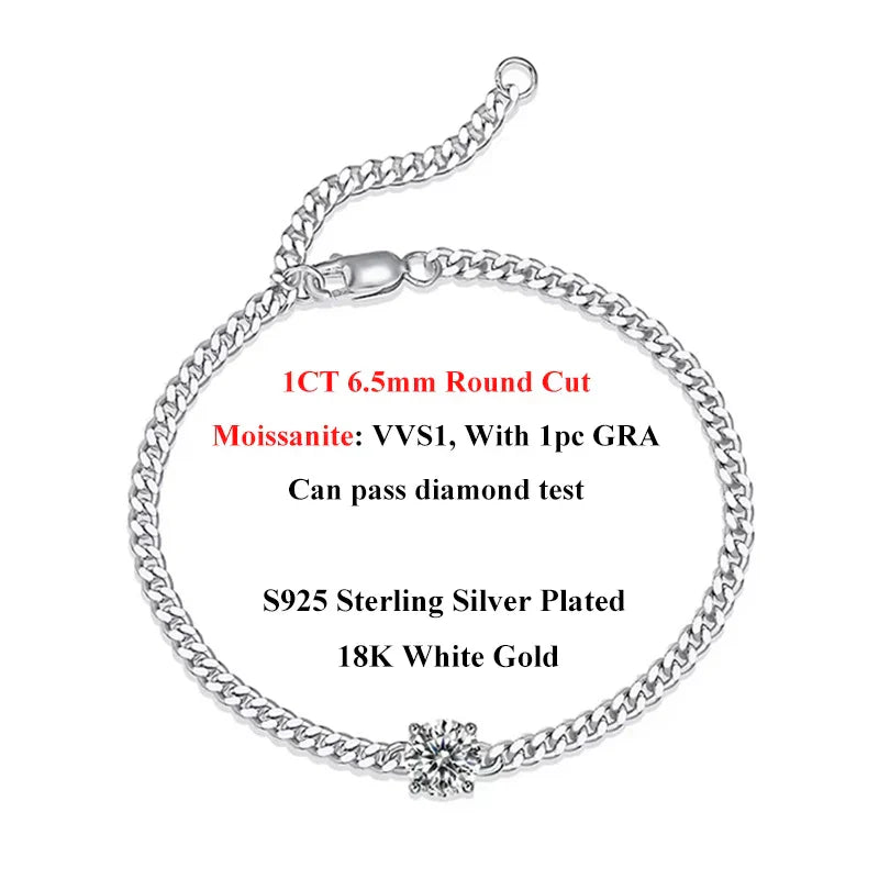 1CT Oval Cut D Color Moissanite Diamond Bracelet for Women 925 Silver Plated 18k Adjustable 16-21cm Cuban Link Bracelets