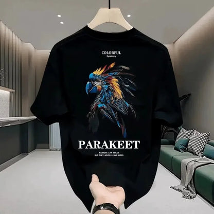 Men's Cotton T-shirts Fitted Black 5XL T Shirt for Men Casual Summer Wear Fashion Parakeet Print White Tee Shirts Men Clothing