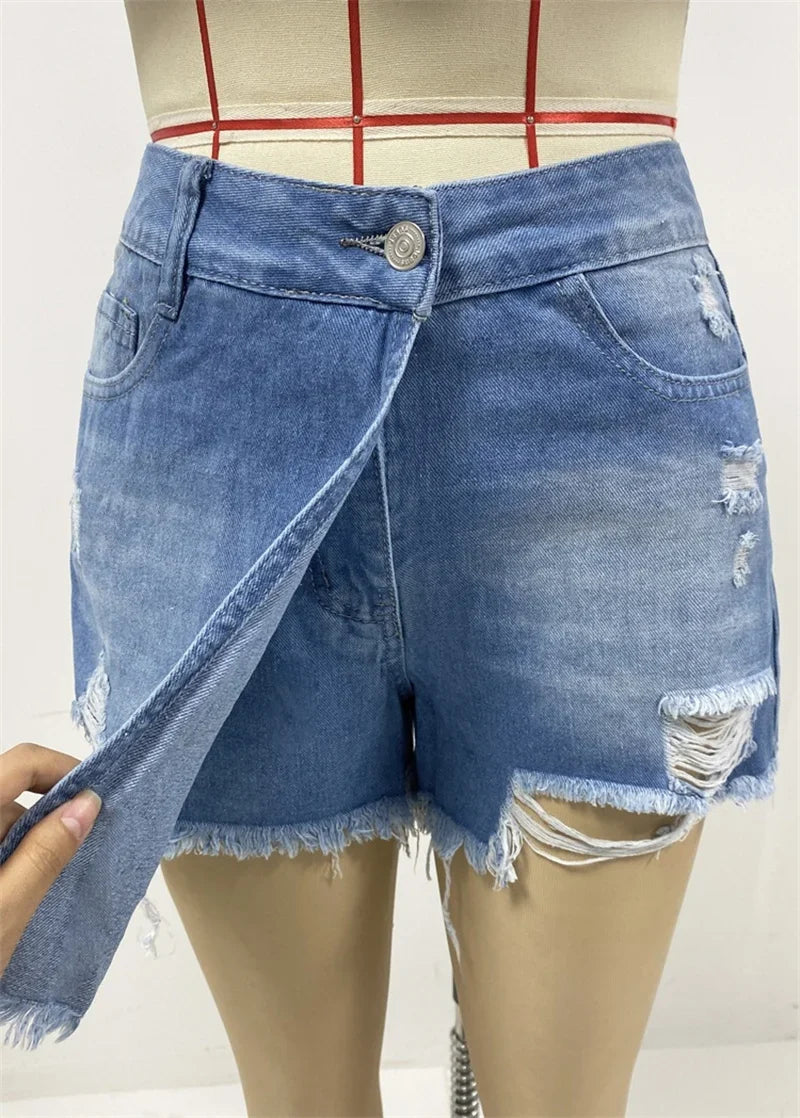 New Summer New Women Ripped Repaired Denim Shorts High Waist Bodycon Distressed Hole Bottoms Casual Pockets Sexy Short Jeans