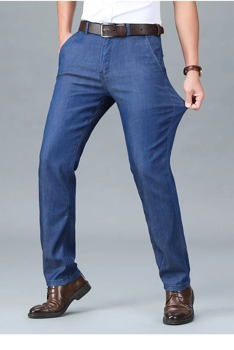 2026 New Spring Men's Light Blue Stretch Straight Jeans Business Casual Denim Pants Modal Fabric Trousers Male Brand