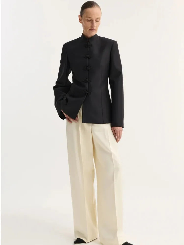Women's Spring Summer Mandarin Collar Knot Button  Blazer Elegant Office Casual Formal 2026 Trendy Feminine Fashion Blazer