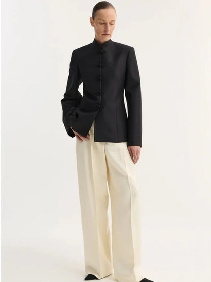 Women's Spring Summer Mandarin Collar Knot Button  Blazer Elegant Office Casual Formal 2026 Trendy Feminine Fashion Blazer