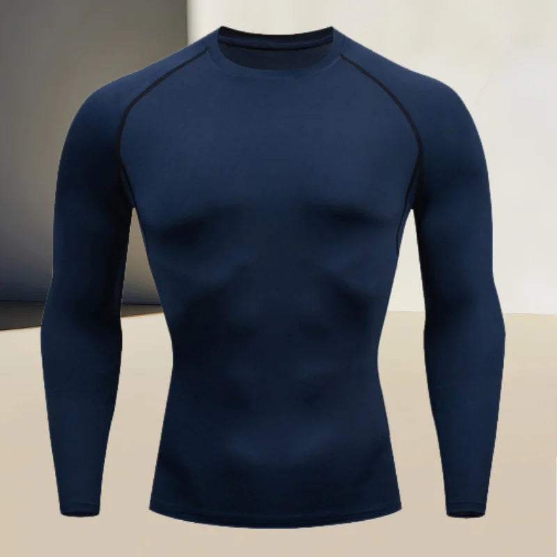 Men's fitness compression shirt with round neck, long sleeved muscle fit, suitable for bodybuilding and physical training