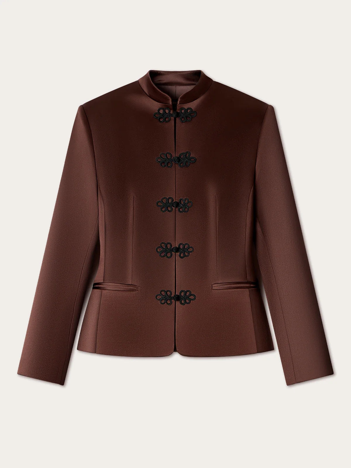 Women's Spring Summer Satin Mandarin Collar Knot Button Blazer Chic Formal Casual Wear 2026 Trendy Feminine Fashion Coat