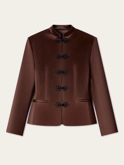 Women's Spring Summer Satin Mandarin Collar Knot Button Blazer Chic Formal Casual Wear 2026 Trendy Feminine Fashion Coat