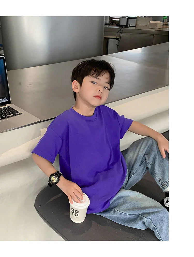 Summer Casual School Kids Cotton Plain Tee Tops Baby and Boys Short-Sleeved T-Shirt Children Outfit Clothing 1-16 Years