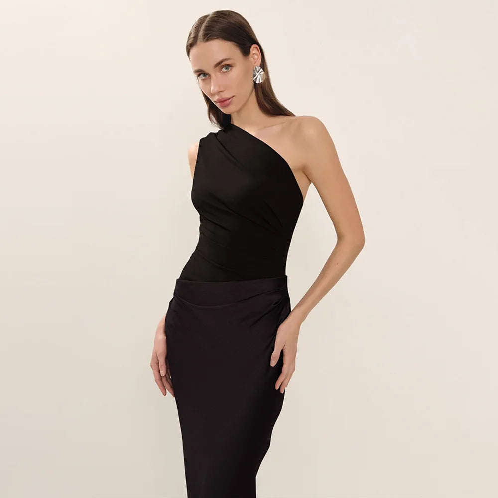Patchwork Satin Sexy Dress Women One Shoulder Brown Sleeveless Evening Maxi Dress 2025 New Summer Elegant Party Clubwear Dresses