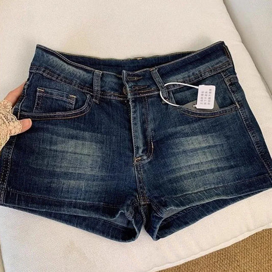 Retro Roll Up Hem Deep Blue Denim Shorts Women Summer Sexy Low Rise Hip Covering Hot Pants American Distressed Washed Jean Short