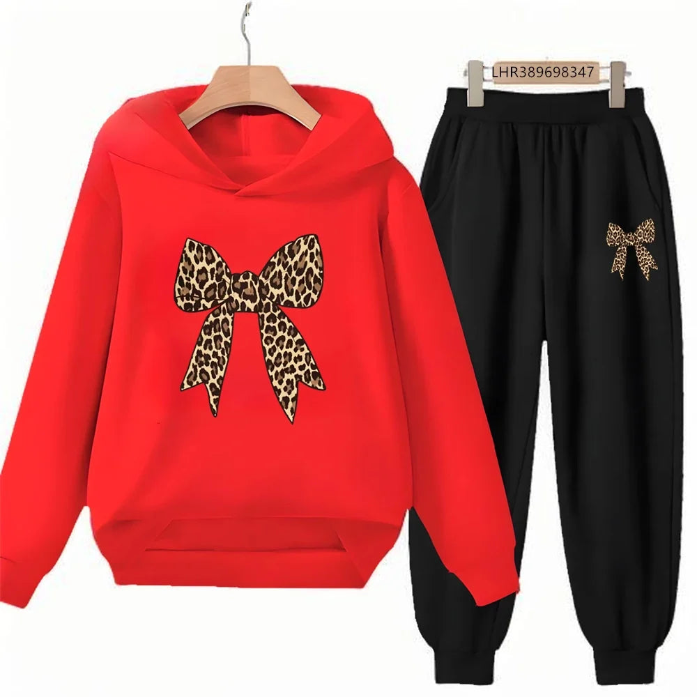 Bow Print Girls Red Hoodie Children 3-12 Years Boys Casual Tops+Pants Sets Long Sleeves Autumn Fashion Kids Long Sleeves Clothes