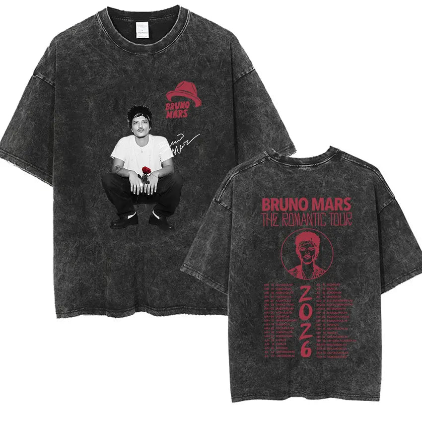 Bruno Mars The Romantic Tour 2026 Vintage Washed T Shirts Men's Women Punk Gothic Fashion Cotton Short Sleeve T-Shirt Streetwear