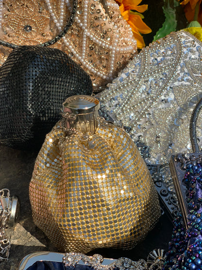 Lost in Vintage Glitter Sparking Evening Bag Handbag with Aluminum Pieces Crossbody Clutches Shoulder Metallic Chains