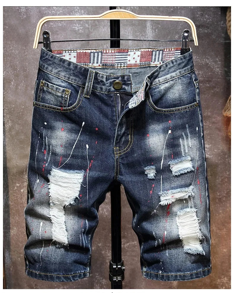 Vintage Short Jeans Men 2024 Summer New Ripped Hip Hop Graffiti Male Denim Shorts Streetwear Hole Knee Length Pants