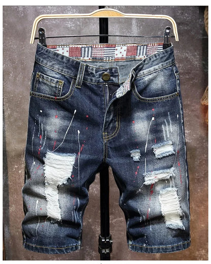 Vintage Short Jeans Men 2024 Summer New Ripped Hip Hop Graffiti Male Denim Shorts Streetwear Hole Knee Length Pants