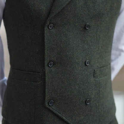 Men Vest Army Green Herringbone Double Button With Lapel Waistcoat For Wedding Business Office Work Daily Casual Men Suit Vest
